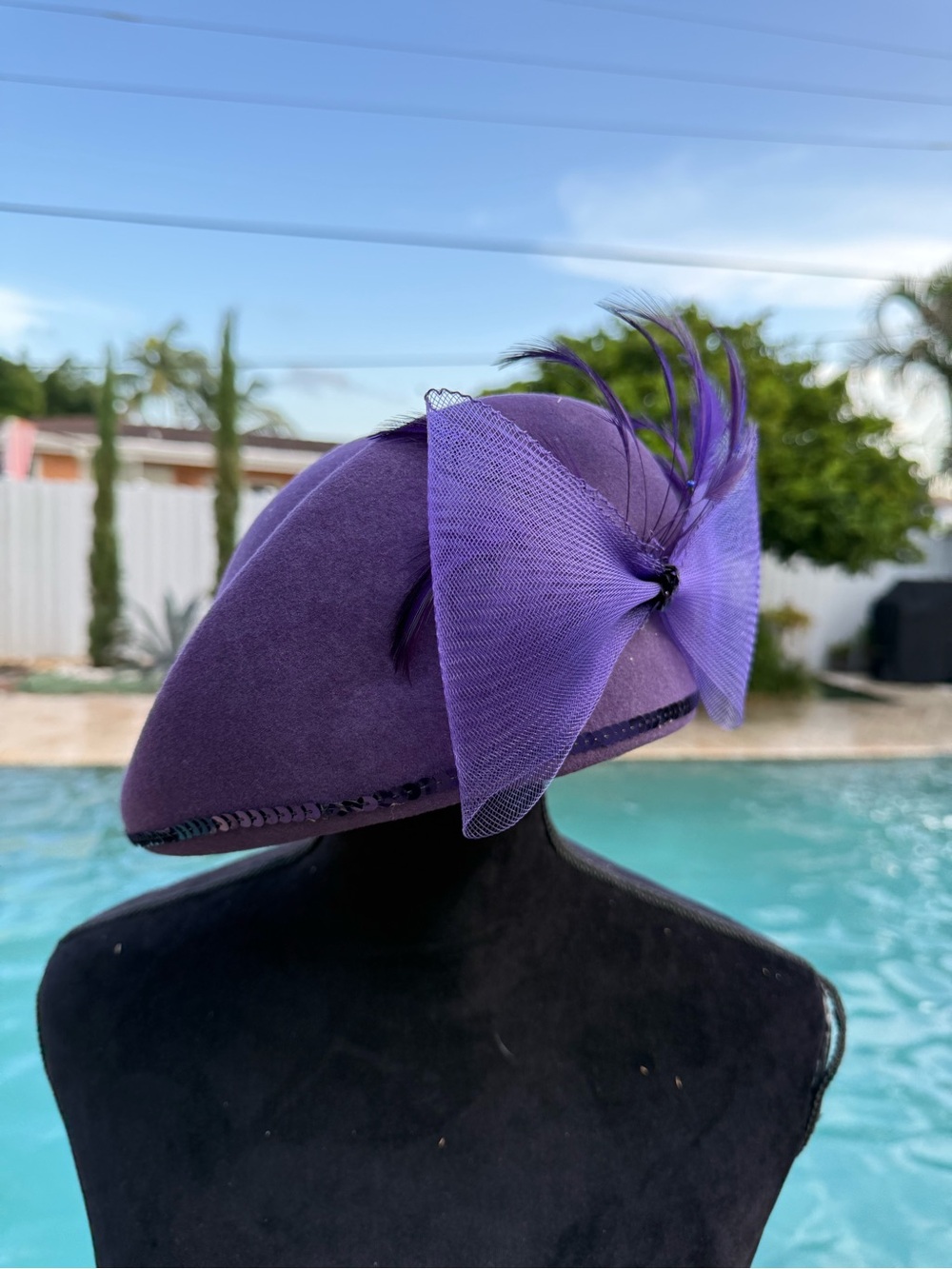 Royal Purple Velour Beret Fascinator Hat with Bow & Feathers